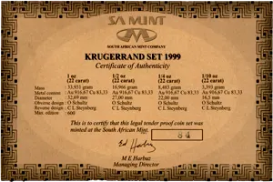 1995 Proof Krugerrand Certificate of Authenticity